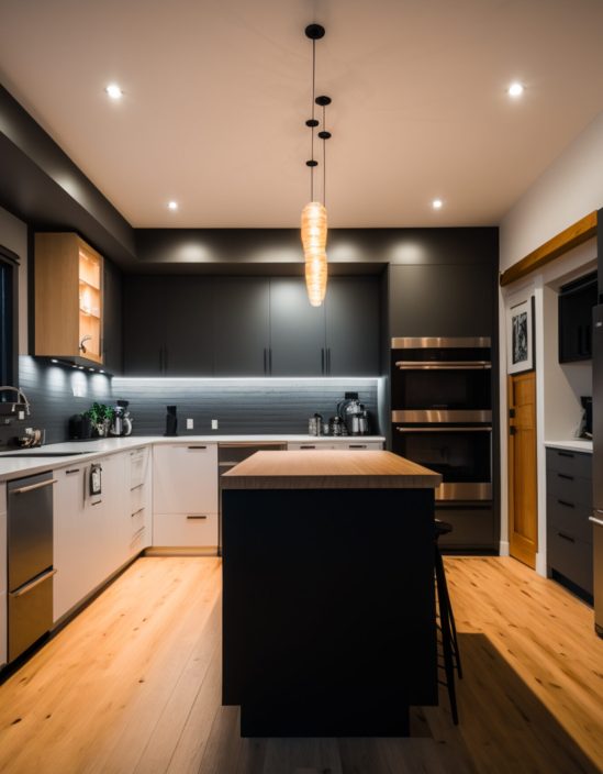 interior photo of a kitchen, black cabinets white island, light